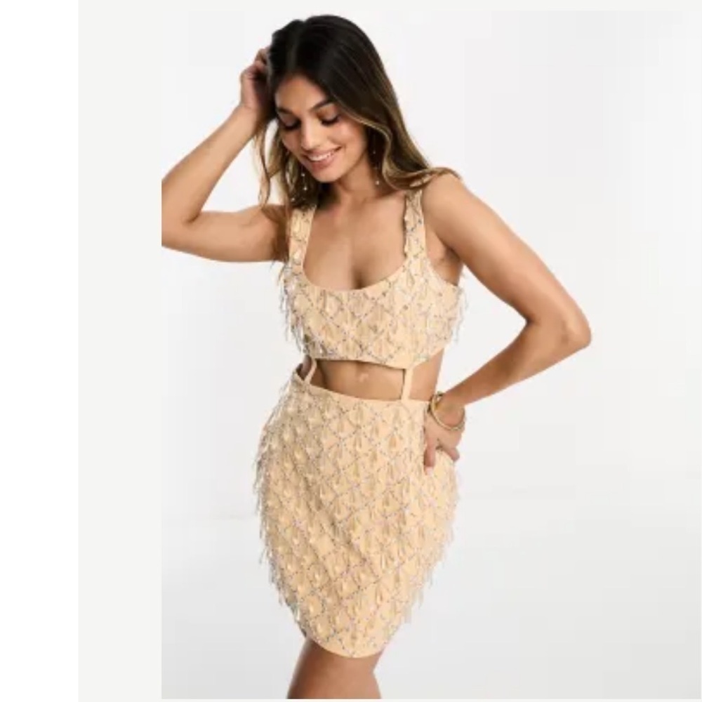 NWT ASOS DESIGN embellished twill cut out mini dress tan size 0
